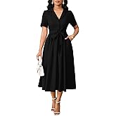 Women's Elegant V-Neck Flowy A-Line Dress Flared Short Sleeves Cinch Waist Cocktail Date Party Midi Dresses