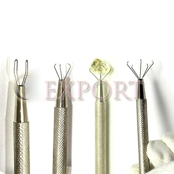 OSCAR 4 Pieces Holder Pick Up Tool Diamond Gems Tweezers 2, 3, 4 & 5 Prong Tweezers Silver, Steel