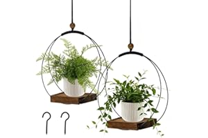 2 Pack Hanging Planters for Indoor Plants,Hanging Plant Shelf with Wooden Base & Hooks,Plant Hangers Indoor,Swinging Plant Po