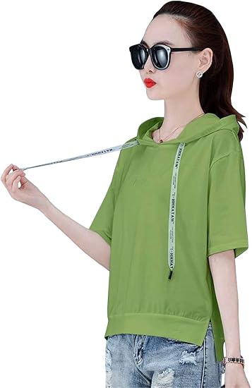 Amazon ユリカー Tシャツ レディース 半袖 フード付き ゆったり シンプル パーカー 夏 薄手 無地 コーディネート フォマール 通学通勤 青春 Tシャツ カットソー 通販