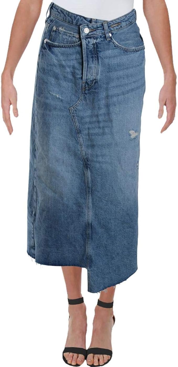 asymmetrical denim midi skirt
