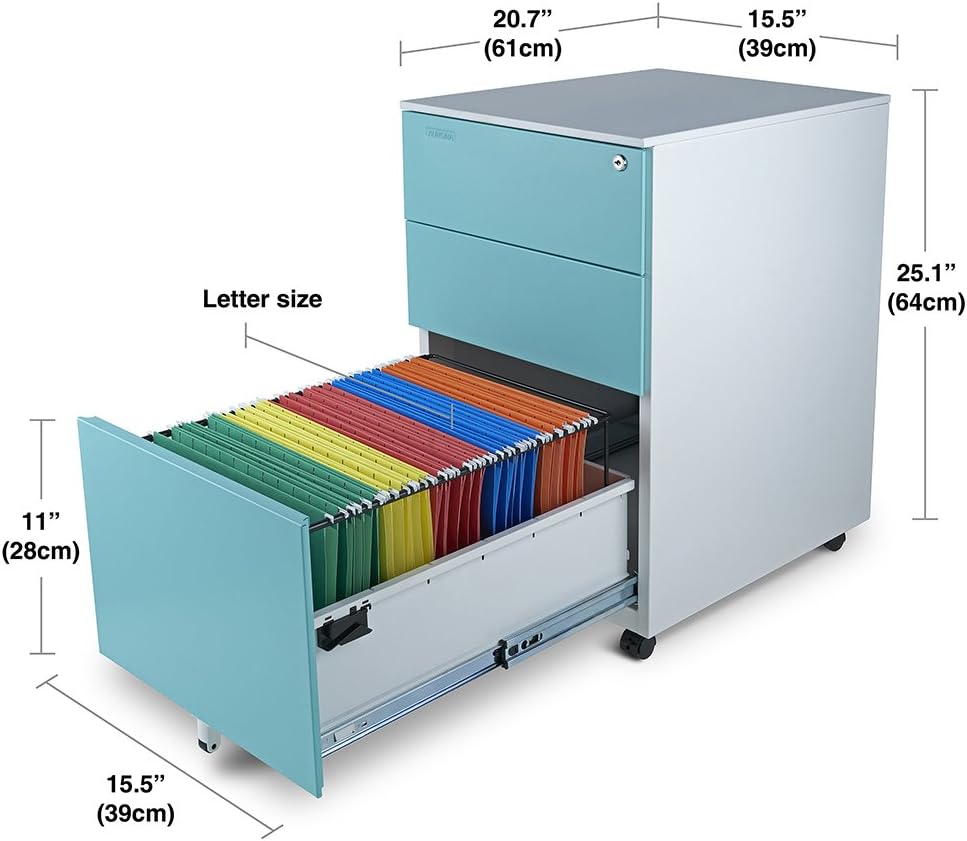 Aurora FC-103BL Fully Assembled Modern Soho Design 3-Drawer Metal Mobile File Cabinet with Lock Key, White/Aqua Blue : Office Products