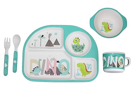 xcluma Bamboo Fiber Crockery 5pc Feeding Set Cute Dinosaur Design