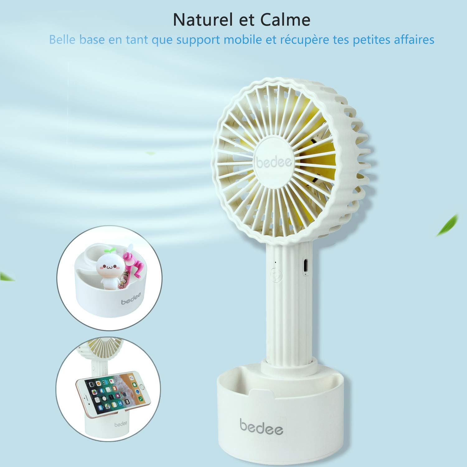 bedee Mini Ventilateur Portable, USB Rechargeable, 3 Vitesse Réglable, Petit, Léger, Li-ION 1200 mAh, Ventilateur à Main Silencieux Détachable Idéal pour Table PC Chambre Bureau De Plein Air Voyage