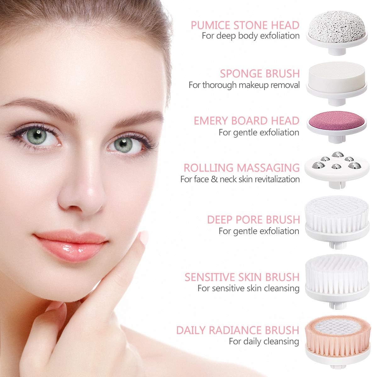 Facial Cleansing Brush, Waterproof Face Brush Skin Cleansing Scrub with 7 Heads, ETEREAUTY Spin Brush for Deep Cleansing Exfoliation, Facial Cleanser Brush for Massaging, Skin Exfoliation (Pink): Health & Personal Care