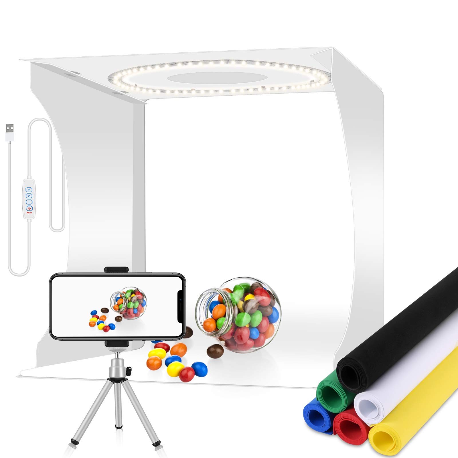 Photography Light Box Photo Shooting Tent Portable Photo Light Box with 128 LED Round Lamp Beads & Mini Tripod & Phone Holder(30x30cm)