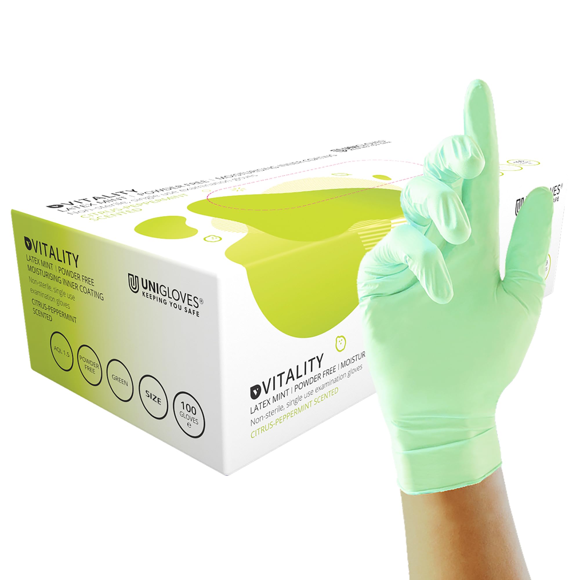 Unigloves Vitality Latex Mint GD0014 Examination - Multipurpose, Scented, Powder Free Disposable Gloves, Box of 100 Gloves, Green, Large