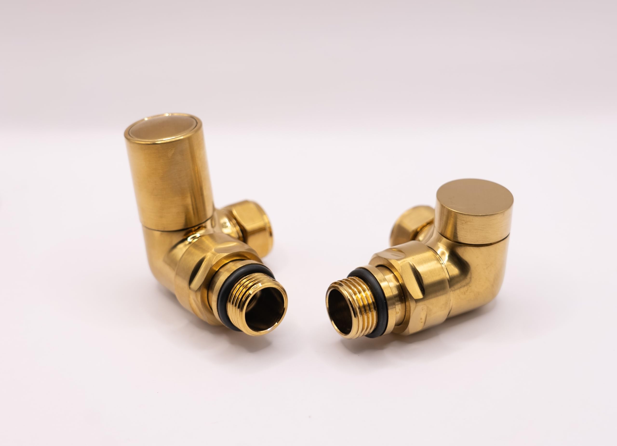 Round Brushed Gold Valve Set - Heated Towel Rail/Radiator Block Valves (Twin Pack) with Round Metal Handles Brush Brass (Brushed Brass Corner Valve Set)