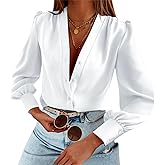 Women's Business Casual Tops Satin Silk Long Sleeve Button Down Shirts V Neck Chiffon Work Blouses
