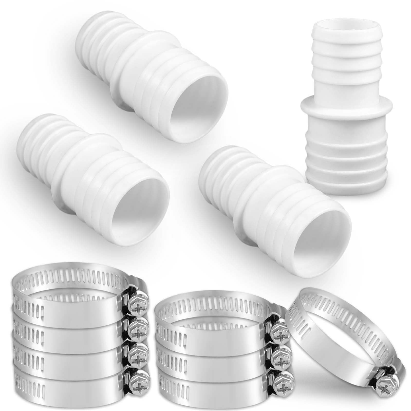 SAVITA 4pcs Pool Hose Adapter 1.5 to 1.25" with 8pcs Adjustable Stainless Steel Clamps, Double-Ended Swimming Pool Hose Adapter for 1.5 to 1.25" Connector (White)