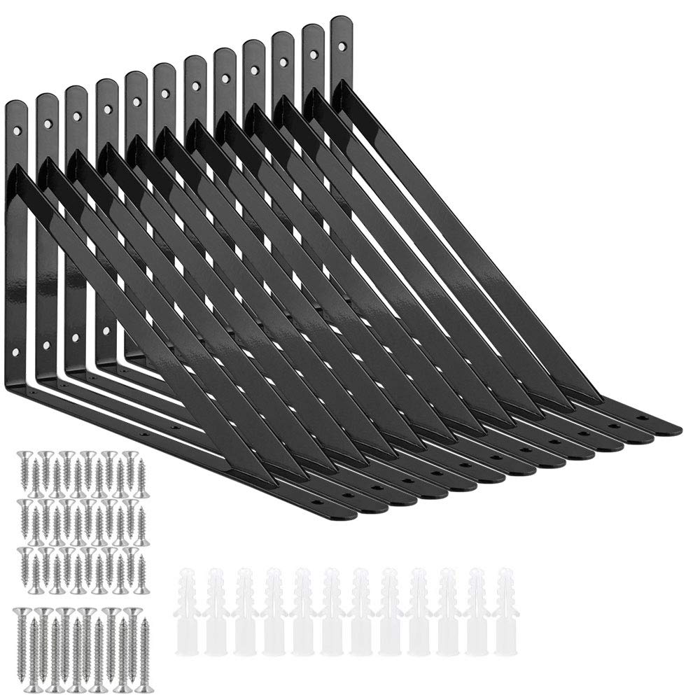 STARVAST 12 Pcs Heavy Duty Shelf Brackets, 250 x 160mm Floating Shelves Tripod Triangle Shelf Brackets, 90 Degree Angle Wall Mounted Shelf Supporter Bracket Frame, Black