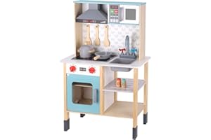 TOOKYLAND Wooden Kitchen Toddler Kitchen Playset with Real Light & Sound, Kids Play Kitchen with Removable Sink, Microwave, R