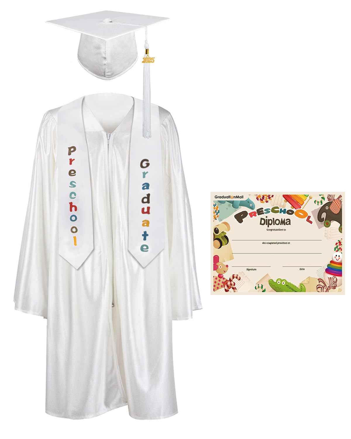 Photo 1 of GraduationMall Preschool Graduation Cap Gown Stole Package with 2025 Tassel, Certificate White Medium 30(3'9"-3'11")