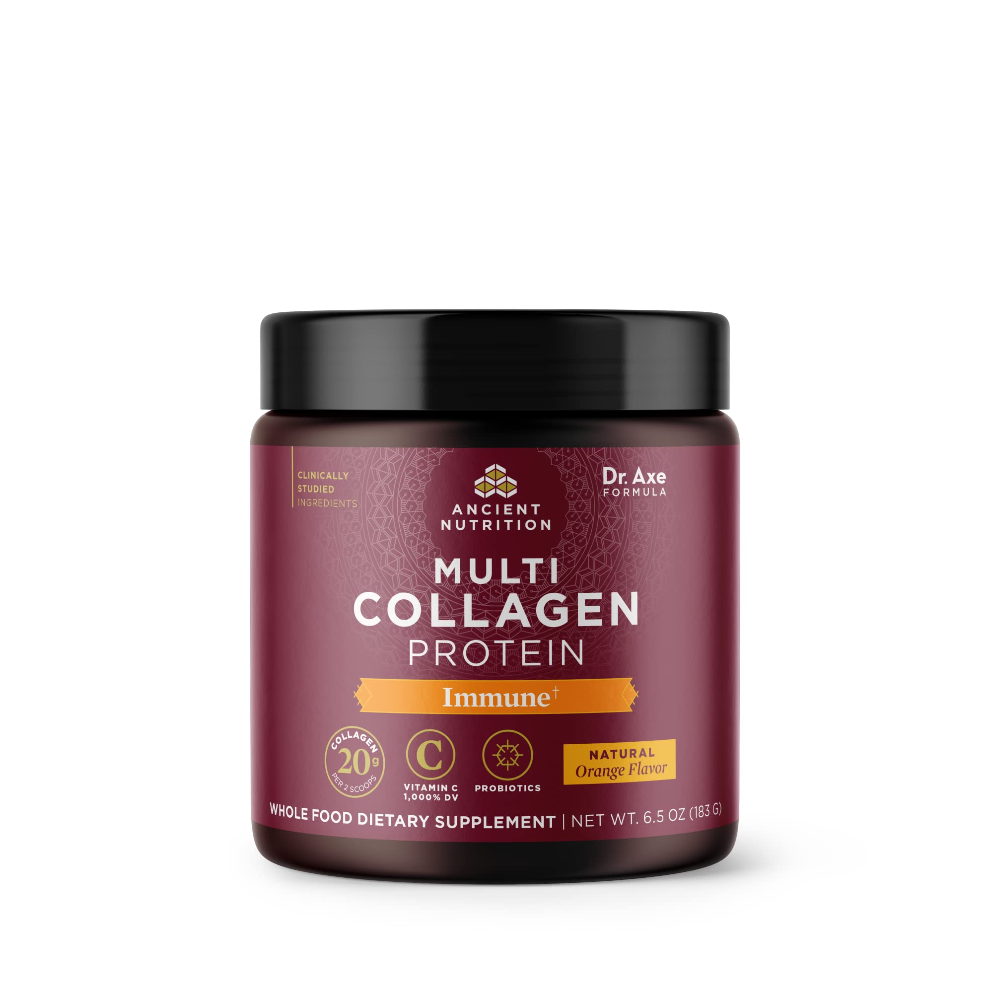 Collagen Powder Protein with Vitamin C by Ancient Nutrition, Multi Collagen Protein Immune, Orange, Supports Immune System, Healthy Hair, Skin and Nails, 15 Servings