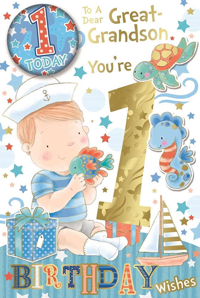 Great Grandson 1st Birthday Card & Badge - Gold Foil 1, Boy & Sea Animals 9 x 6