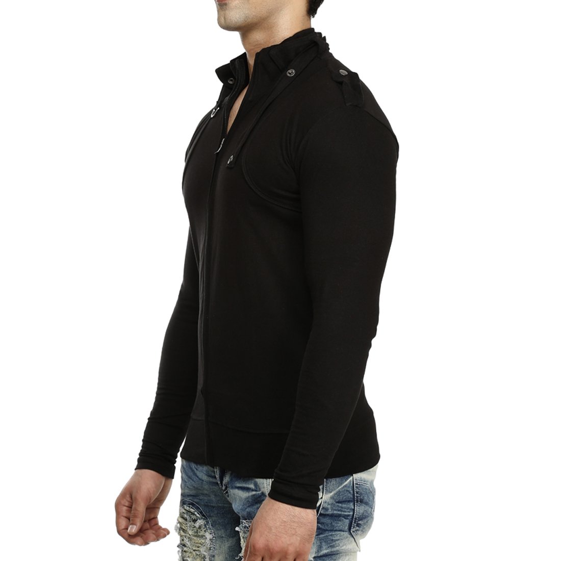 tees collection men's full zip buckle neck full sleeve black colour t-shirt
