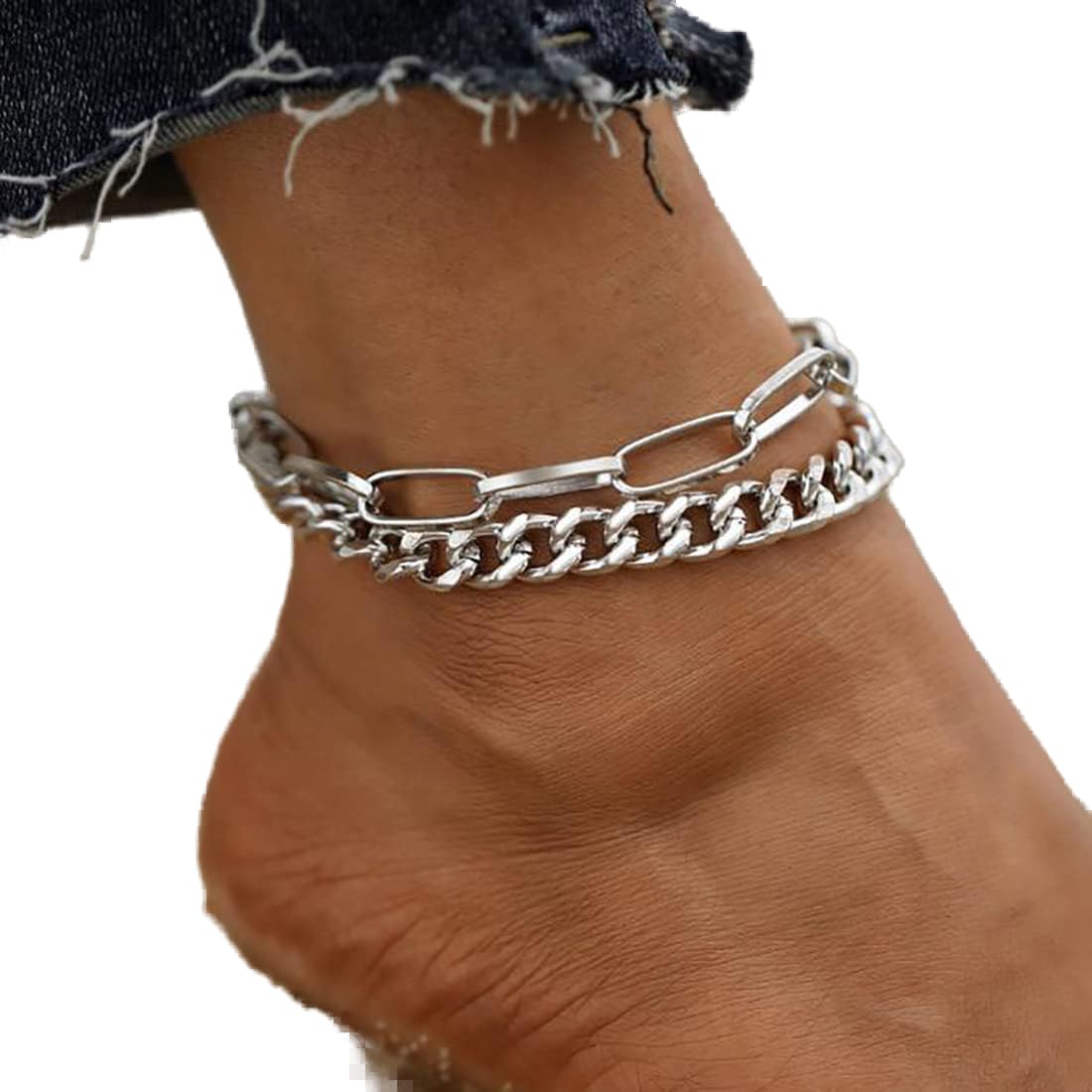 Bramian Thick Chain Anklet Silver Beach Foot Jewelry Adjustable Ankle Bracelets Chain for Women and Girls(2 Pieces)