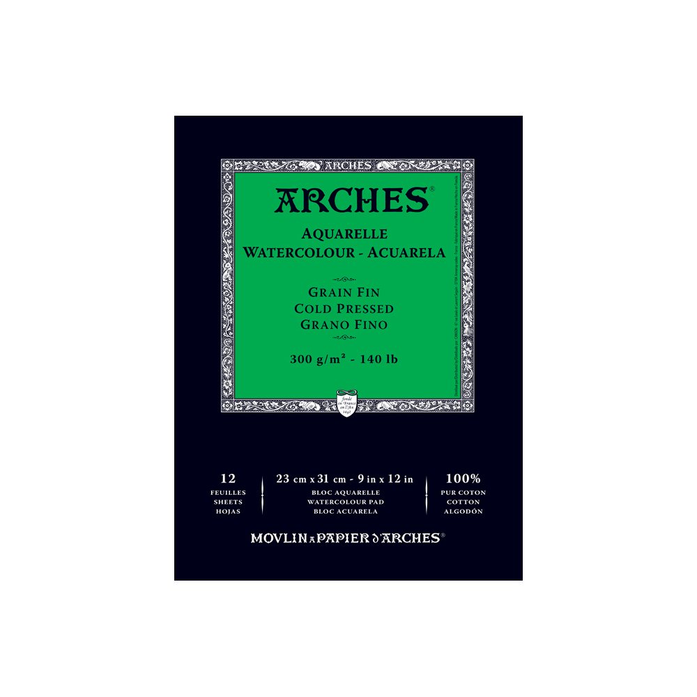 ARCHES 23 x 31 cm 300 GSM Cold Pressed Short Side Glued Pad Watercolour Paper - Natural White (Pack of 12 Sheets)