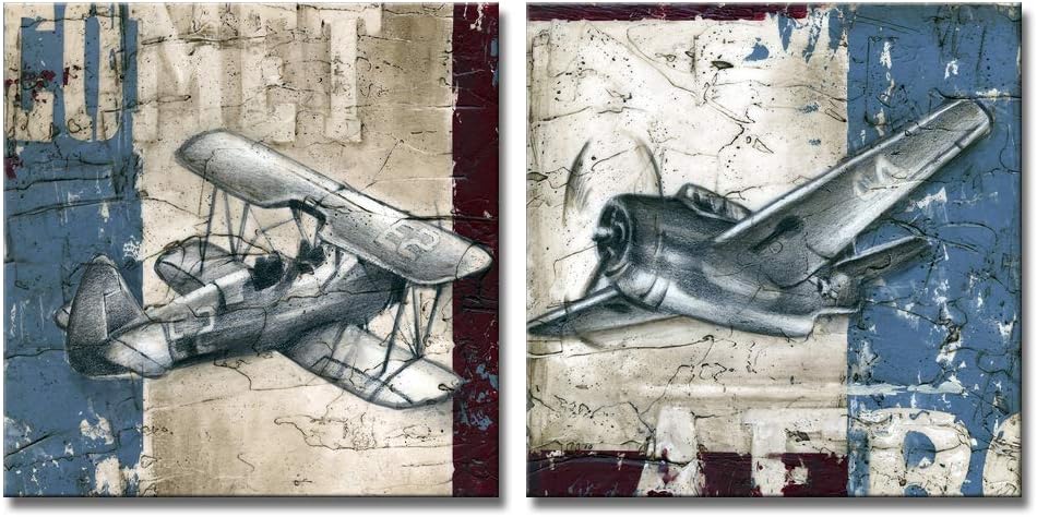 DekHome 2 Pieces Vintage Canvas Wall Art Aircraft Painting Retro Jet Fighter Poster Contemporary Stretched and Framed Giclee Artwork for Living Room Bedroom Office Decoration 24"x24"x2pcs