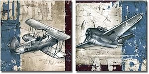 DekHome 2 Pieces Vintage Canvas Wall Art Aircraft Painting Retro Jet Fighter Poster Contemporary Stretched and Framed Giclee Artwork for Living Room Bedroom Office Decoration 24"x24"x2pcs