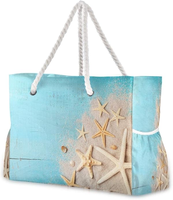 Beach Bag with Cotton Rope Handles, Nautical Starfish And Seashell