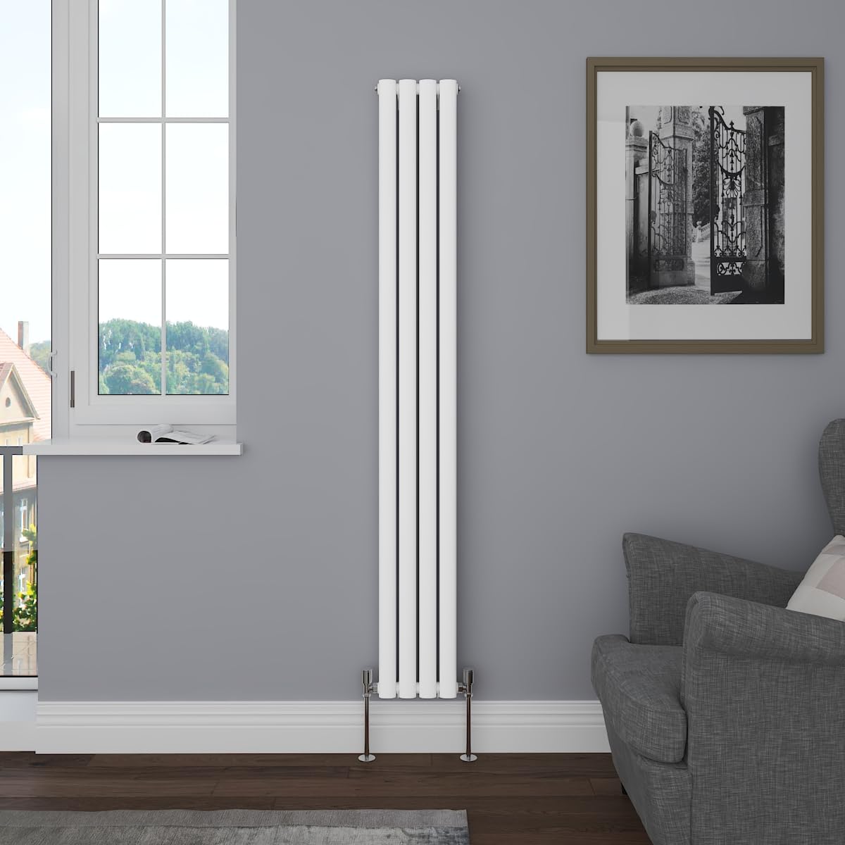 NRG Vertical 1800x236 Oval Column Designer Radiator Bathroom Central Heating Double Panel Gloss White