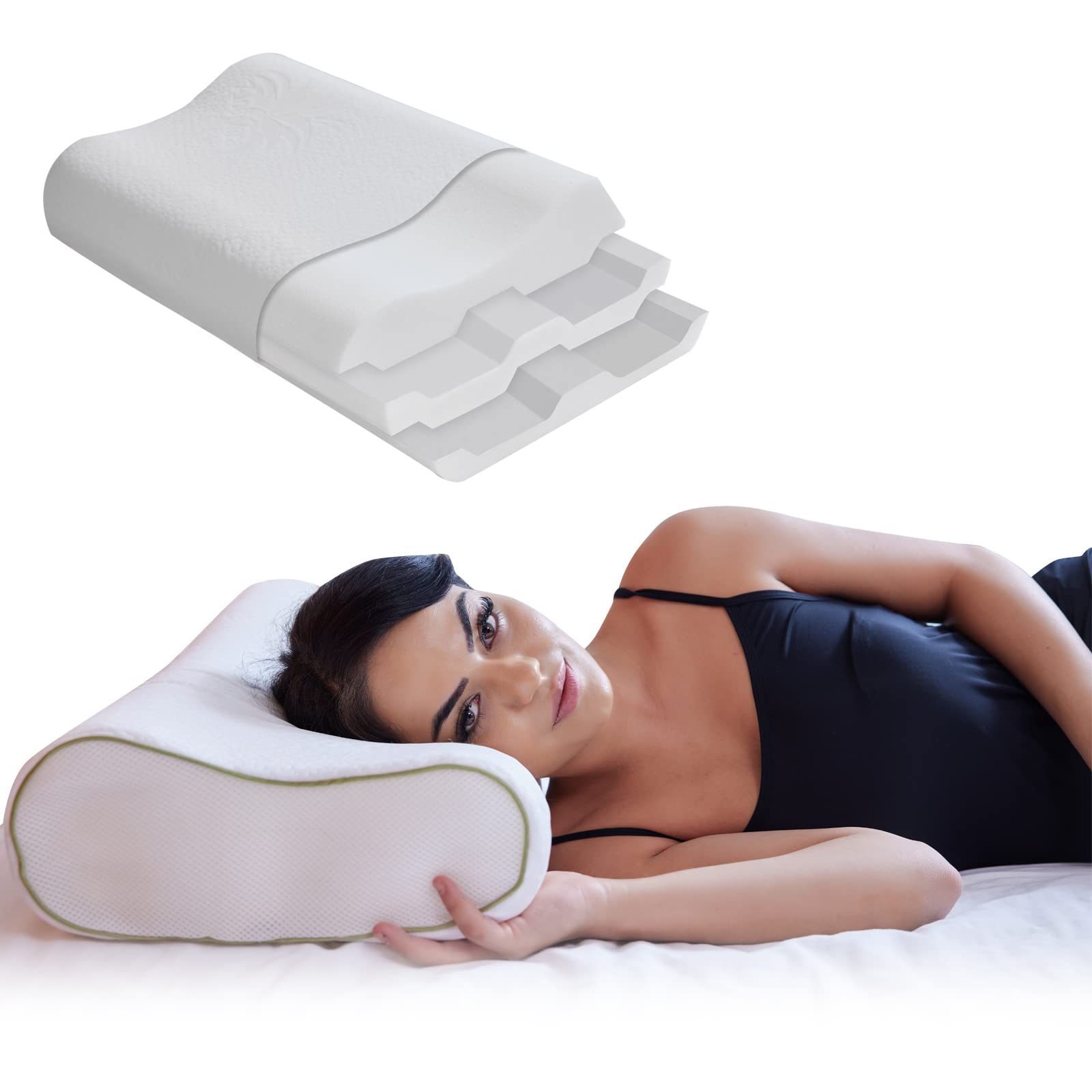 Mabel Home Sandwich Pillow, Adjustable Memory Foam Pillow, Cervical Pillow for Neck Pain, Neck Support for Back, Stomach, Side Sleepers, Orthopedic Contour Pillow, White, Standard