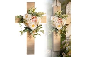 Easter Cross Wreath, Long-Lasting 3D Floral Wreath, Artificial Flower Spring Wreath Home Decoration Greenery Leaves Door Sign