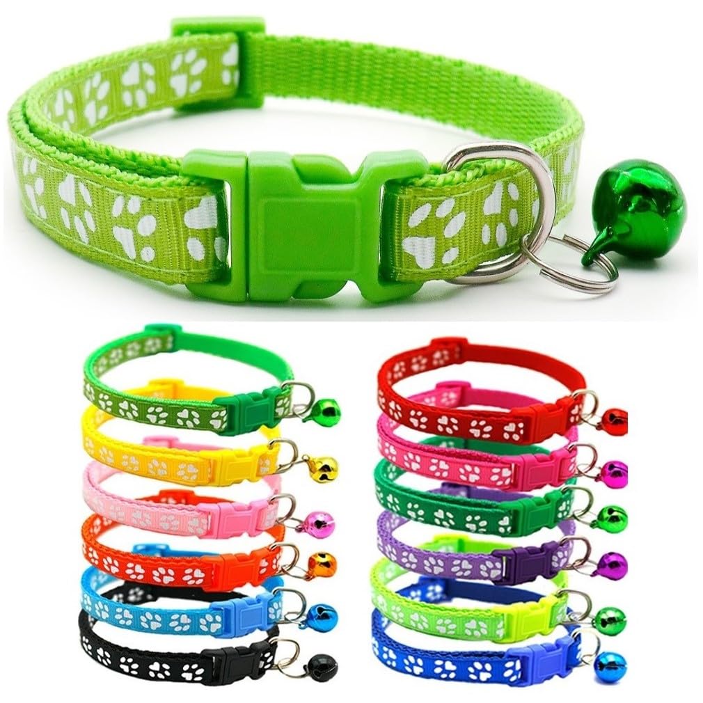 Small Dog Puppy Pet Collar Pawprint Design with Bell Nylon Adjustable Size 19-32cm Green Lime — image 1