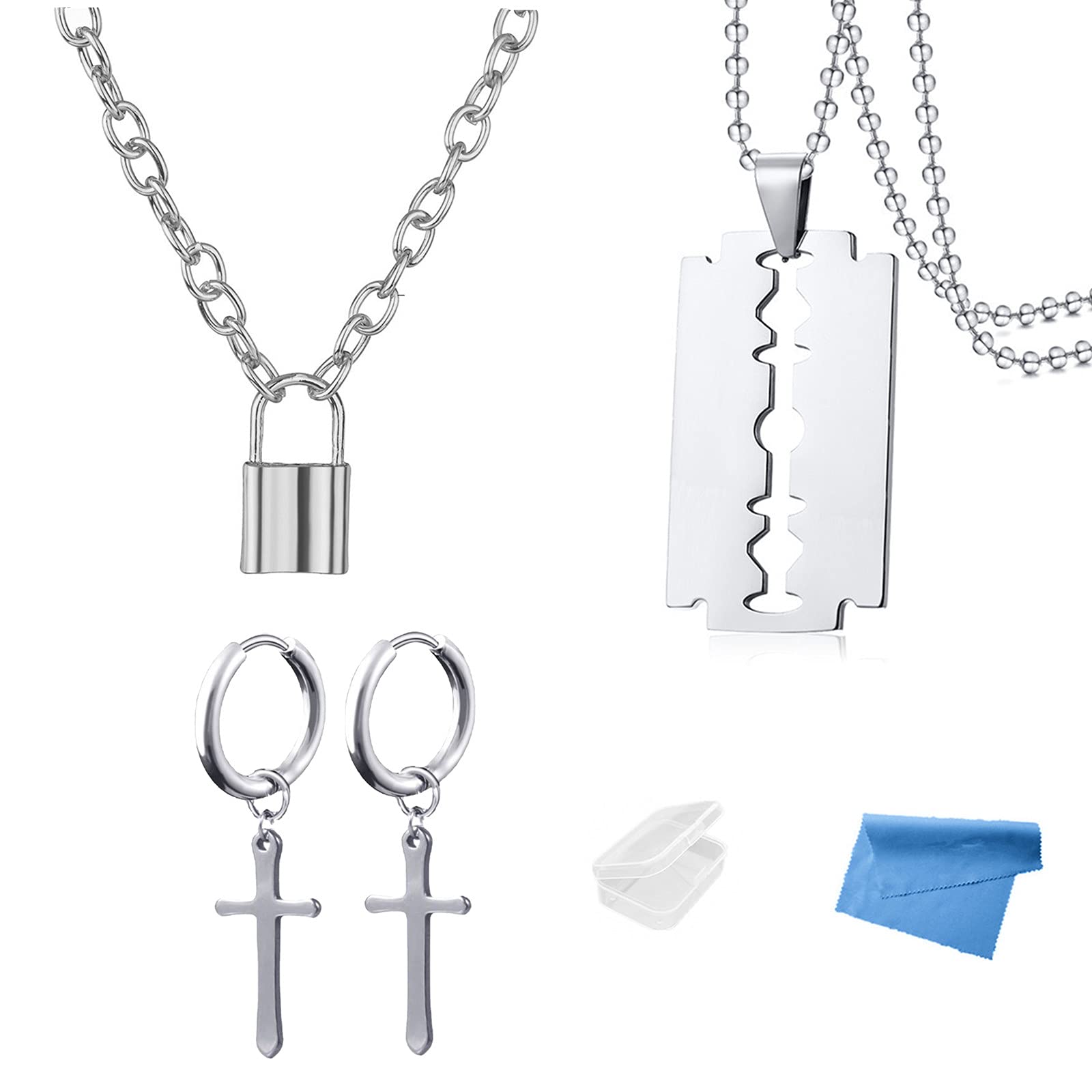 XHBTS Unisex Cross Earrings Stainless Steel Blade and Lock Pendant Necklaces Punk Hip Hop Rock Gothic Style Kpop for Men Women Teen with Mini Cloth and Mini Box