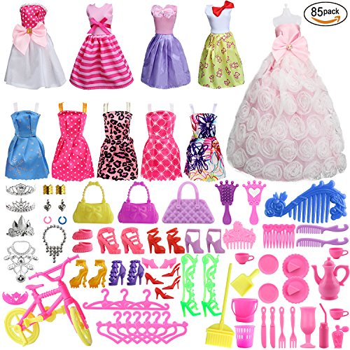 SOTOGO 85 Pcs Barbie Doll Clothes Set Include 10 Pack Barbie Clothes Party Grown Outfits(Color Random) And 75 Pcs Different Barbie Doll Accessories For Little Girl