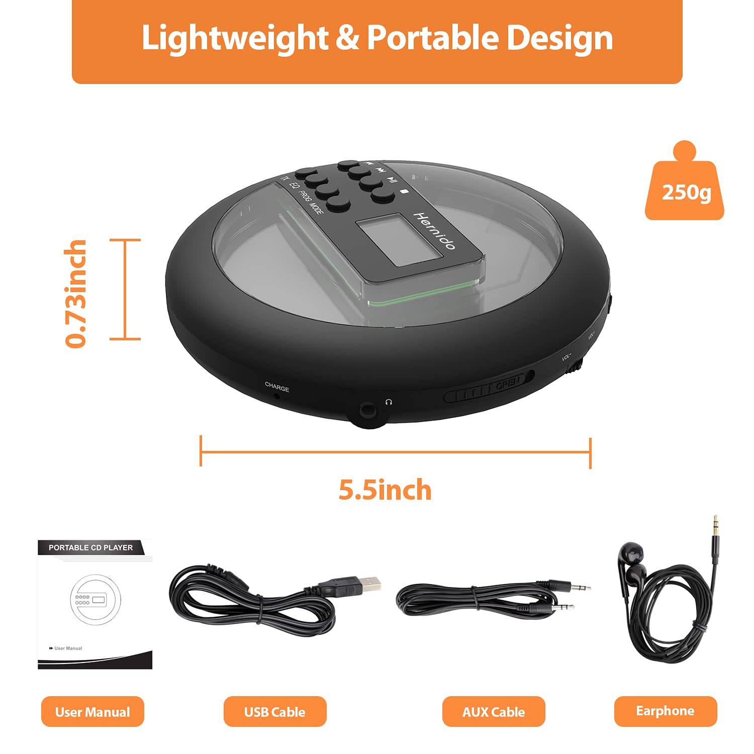 Rechargeable Portable CD Player for Car, Hernido Discman with FM Transmitter, 20 Hours Playtime Personal Compact Disc CD Player, USB MP3 Player with Headphones, Anti-Skip & Resume Playback