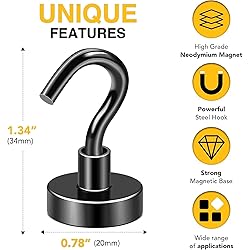 DIYMAG Black Magnetic Hooks, 50 LB Heavy Duty