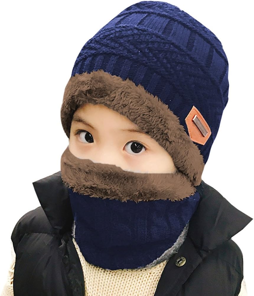 Winter Hat Scarf for Boys Girls Kids (5-14 Years) Slouchy Beanie Windproof Warm Knit Snow HINDAWI Infinity Scarf Skull Cap Navy Blue: Clothing