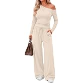 Modoo Vaylah Womens 2 Piece Lounge Off Shoulder Fall Sets | Lounge Matching Outfits, Long Sleeve Off the Shoulder Sweatsuit Set, Drawstring Wide Leg Pants with Pockets, Vacation Airport