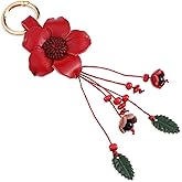 FdcZeyxior Leather Leaf Flower Tassel Keychain, Cute Keychain Tassel Bag Charm Red Flower Purse Handbags Charms for Women Girls Wallet Pendant Charms Key Rings Accessories