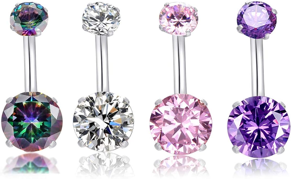 MO SI YI 14G Surgical Steel Belly Button Rings Round Cubic Zirconia Navel Barbell Stud Body Piercing