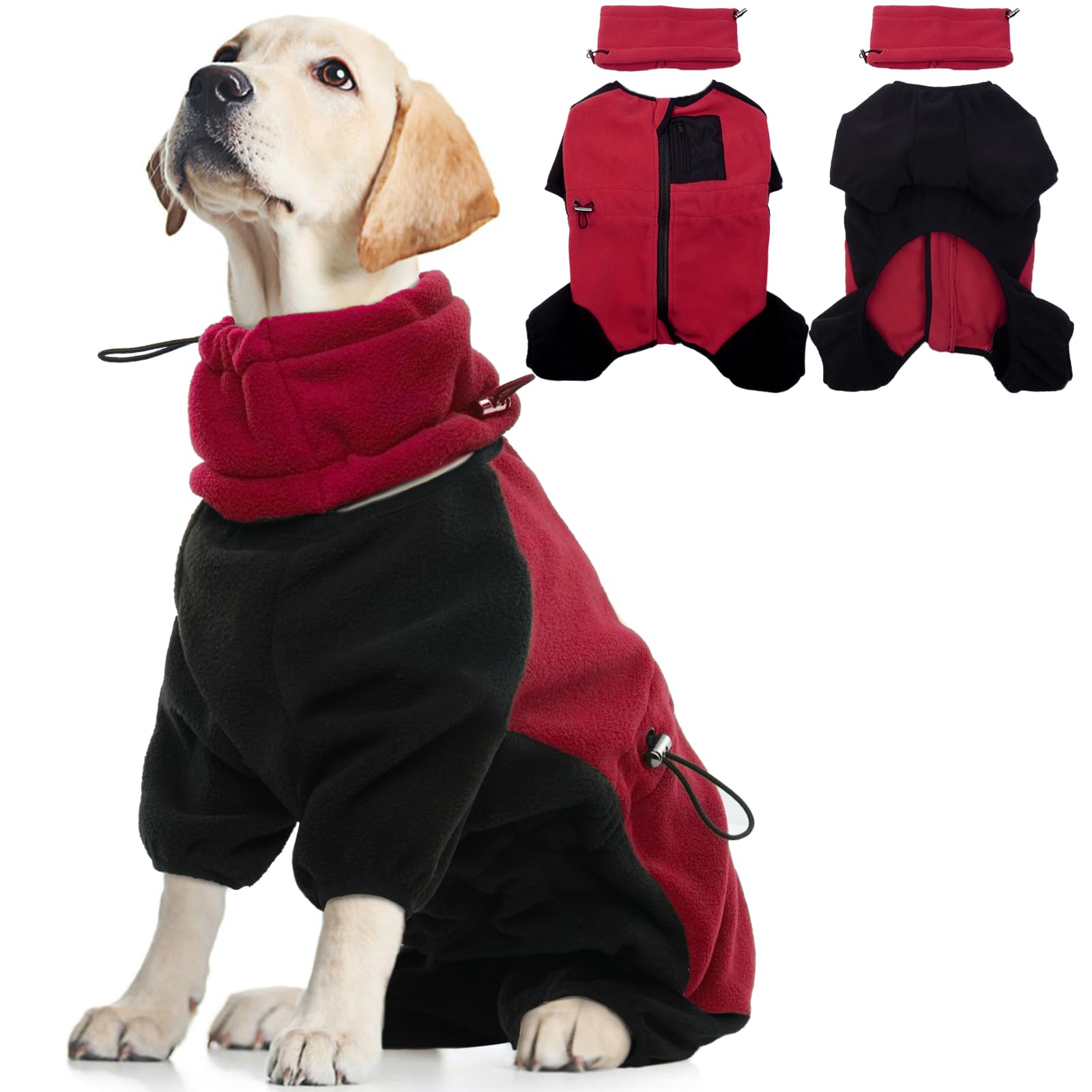 Dog Jacket with Legs, Winter Fleece Pullover Warm Pjs Indoor Outdoor Coat Full Coverage Cold Weather Clothes with Zipper Closure Suitable for Holiday Travel or Outdoor Activities(Red, L) — image 1
