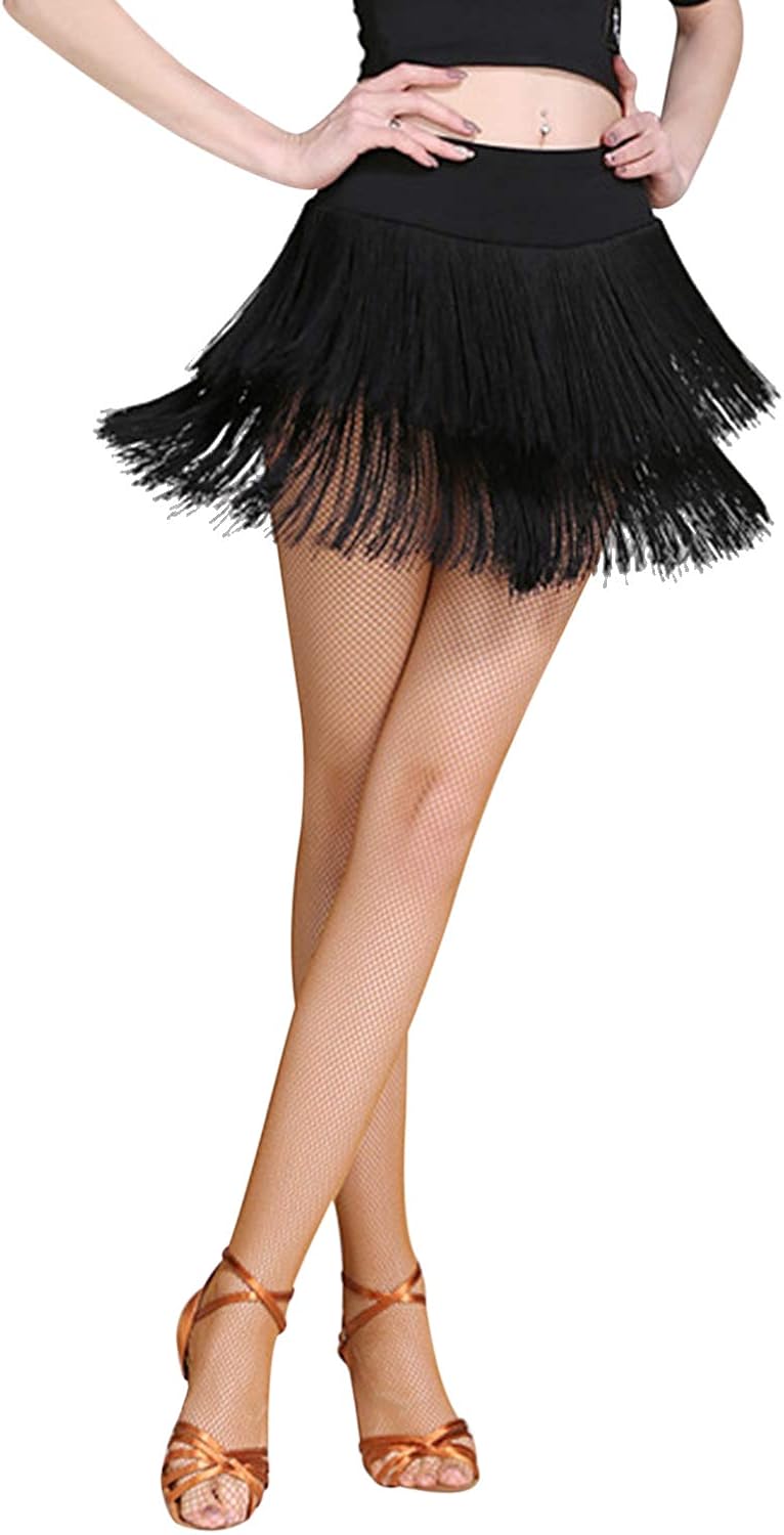 ZX Fringe Dance Skirts for Women Ballroom Latin Salsa Tango Skirt Halloween Rave Mini Skirt Dance Dress with Shorts: Clothing
