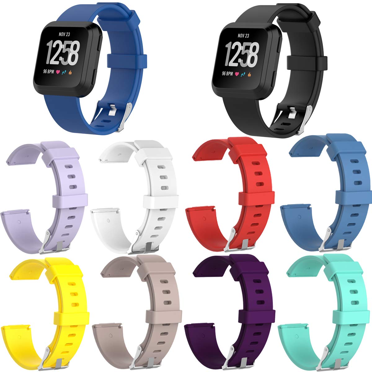 TDRTECHCompatible with Fitbit Versa Band with Stainless Steel Clasp, Replacement Soft Silicone Band Strap for Fitbit Versa, Pack of 10 Hot Color - Small Size