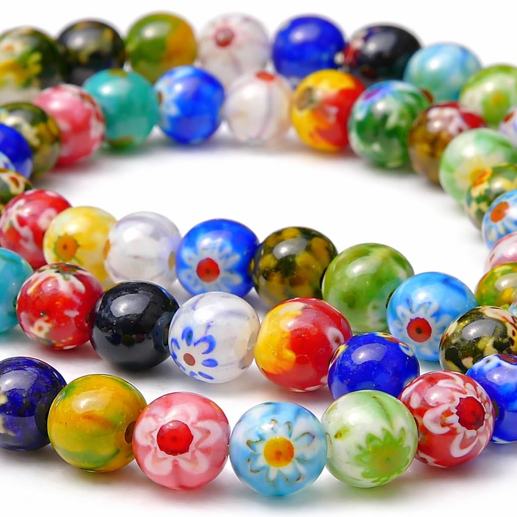 Perlin Millefiori Glass Beads Handmade Round 10 mm Pack of 37 Multicoloured 1 String Mix Colours D83H