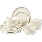 Gibson Home Dempsey Road 12-Piece Stoneware Dinnerware Set – Service for 4, Round White Plates and Bowls, Durable Solid Color Modern Embossed Dish Set, Microwave & Dishwasher Safe