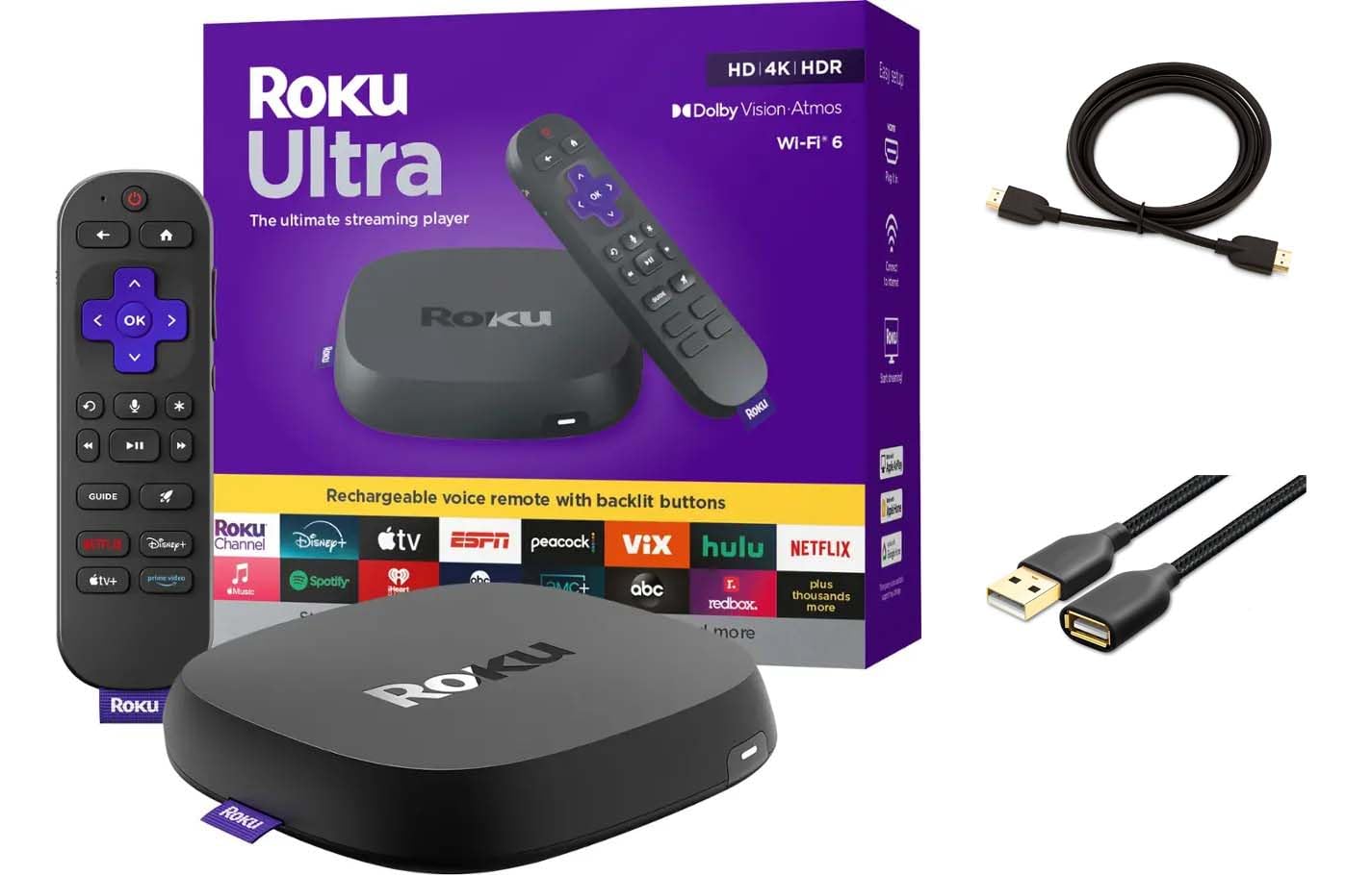Roku Ultra Ultimate Streaming Player, 4K Streaming Device for TV, Dolby Vision & Atmos, HDR10+, Rechargeable Voice Remote Pro, Bluetooth & Wi-Fi 6, Backlit Buttons, with USB Extension Cord and HDMI