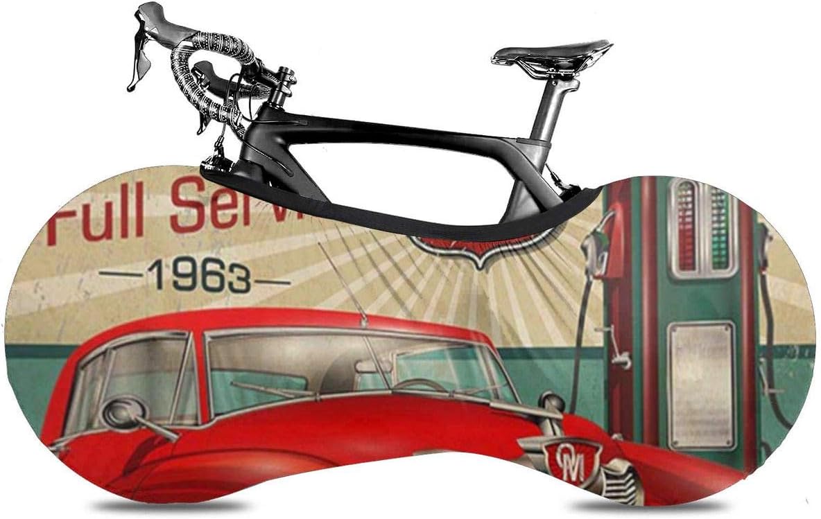 CDyantong Bicycle Wheel Cover, Washable Dustproof Bike Storage Bag, Durable Scratch-Proof Protect Gear Tire Bike Cover - Classic Red Car 1960s Filling Station Gasoline Route 66 Retro Poster C