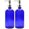 Cornucopia 16-Ounce Cobalt Blue Glass Bottles w/Stainless Steel Pumps (2-Pack), Soap Dispenser w/Lotion Pumps for Essential O