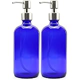 Cornucopia 16-Ounce Cobalt Blue Glass Bottles w/Stainless Steel Pumps (2-Pack), Soap Dispenser w/Lotion Pumps for Essential O