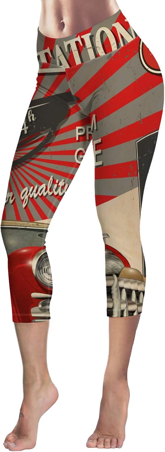 High Waist 3/4 Yoga Pants for Women Old Car Retro Poster Tummy Control