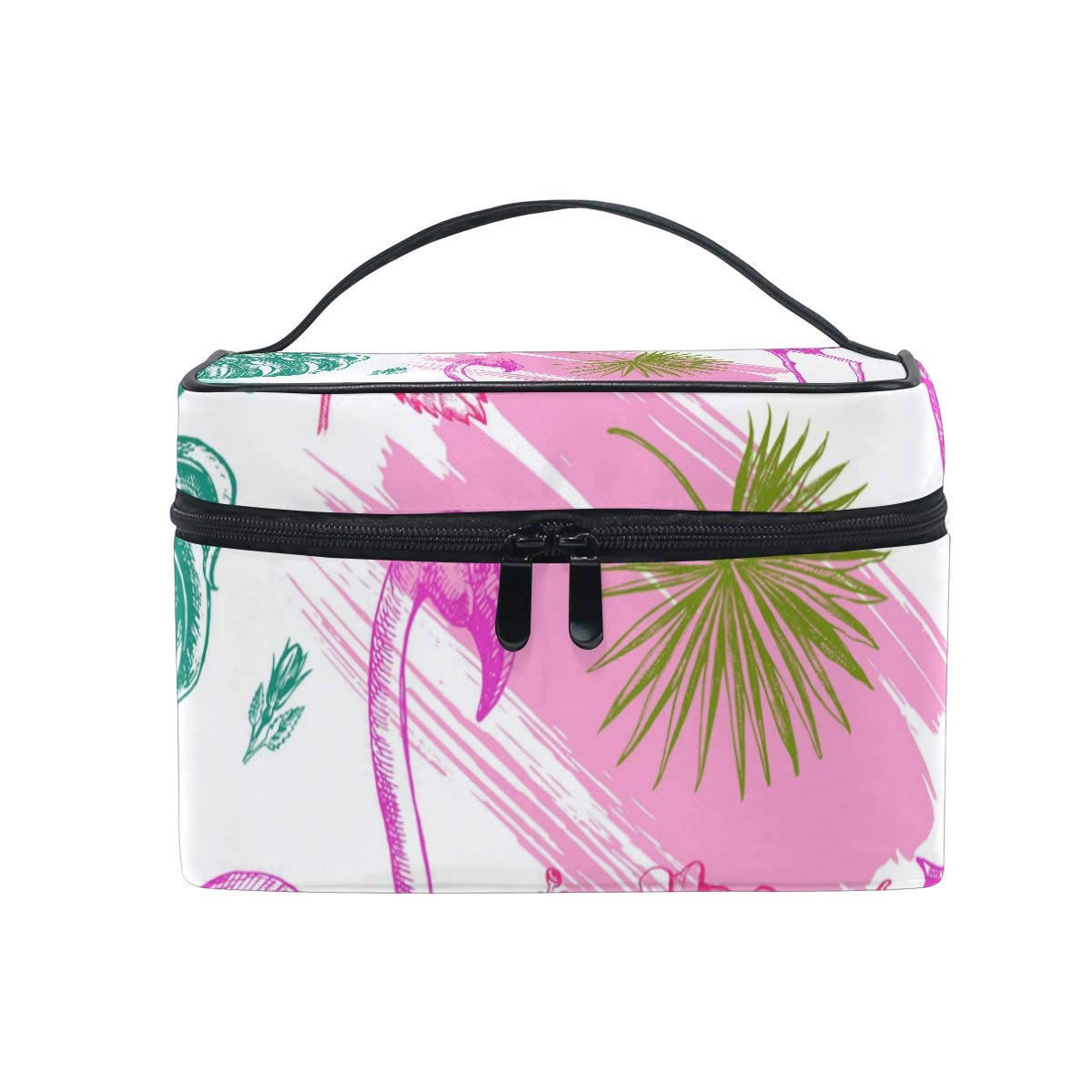 Makeup Cosmetic Bag Tropical Jungle Leaves Flamingo Pink Portable Travel Train Case Toiletry Bags Organizer Multifunction Storage