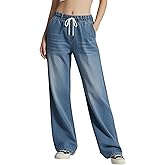 Women's Drawstring Wide Leg Jeans High Elastic Waisted Stretch Frayed Loose Fit Trouser Jeans Denim Pants