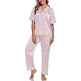 Silk Pajamas for Women Set Short Sleeve Sleepwear Button Down Shirt with Long Pants 2 Piece Striped Soft Pj Set